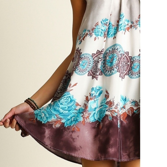 Loose fitting swing dress, turquoise, brown, cream - Picture 2 of 5